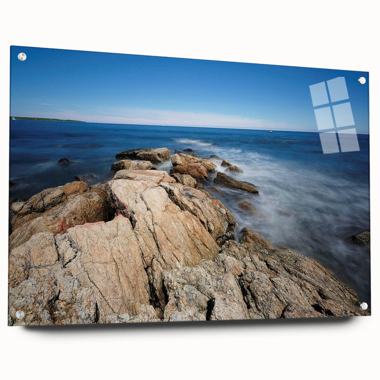 Acrylic print of a serene New Hampshire landscape in muted green and blue tones, ideal for dining room decor.