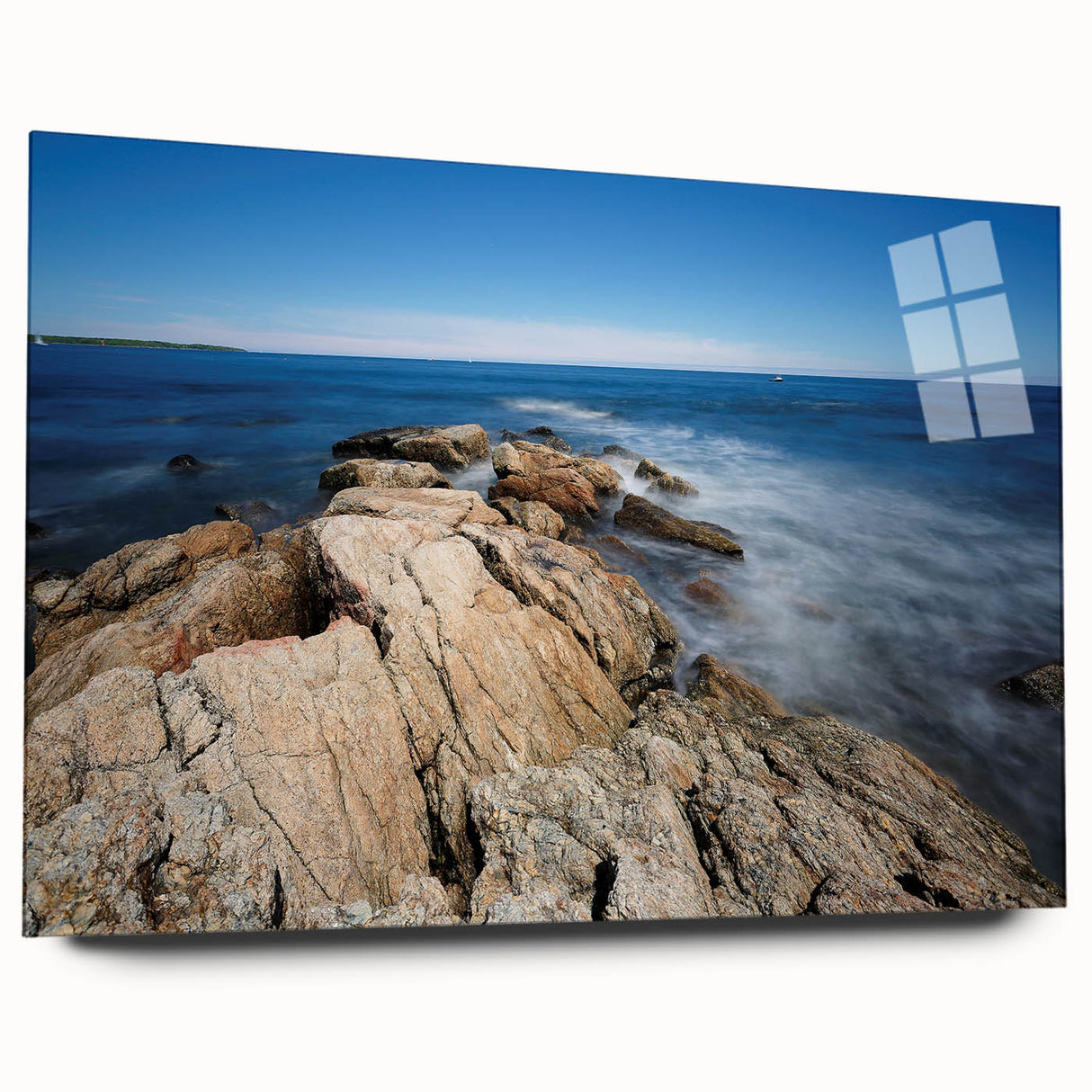 Large abstract wall art depicting a serene New Hampshire landscape in muted earth tones on acrylic glass.
