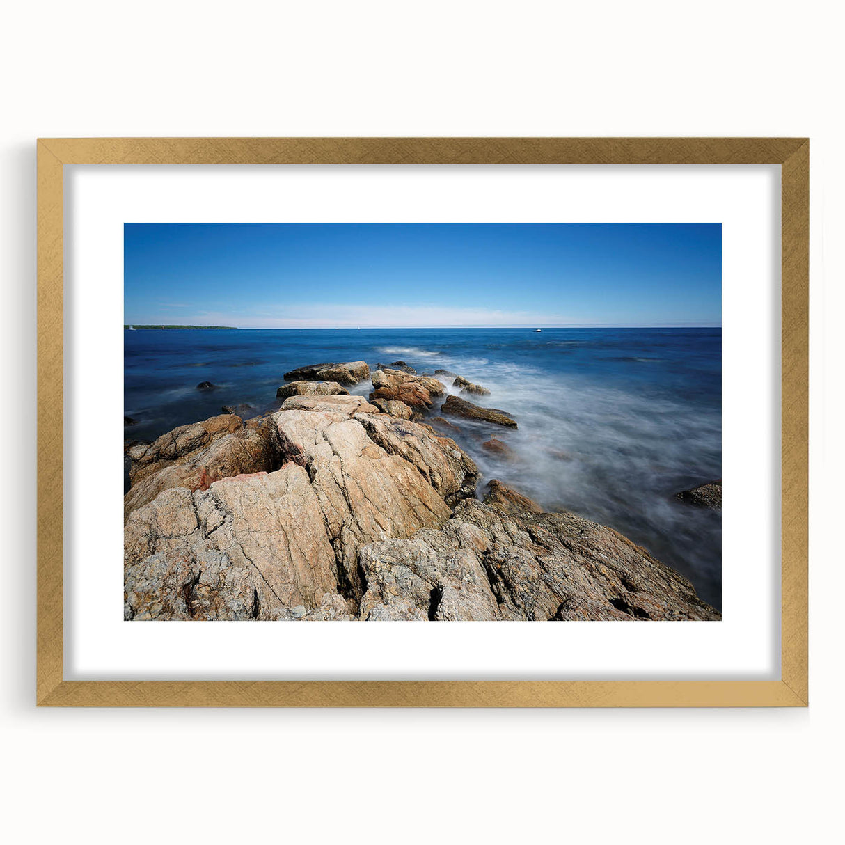 Extra large wall art featuring an abstract depiction of a New Hampshire landscape, in textured gold tones, framed with a mat.