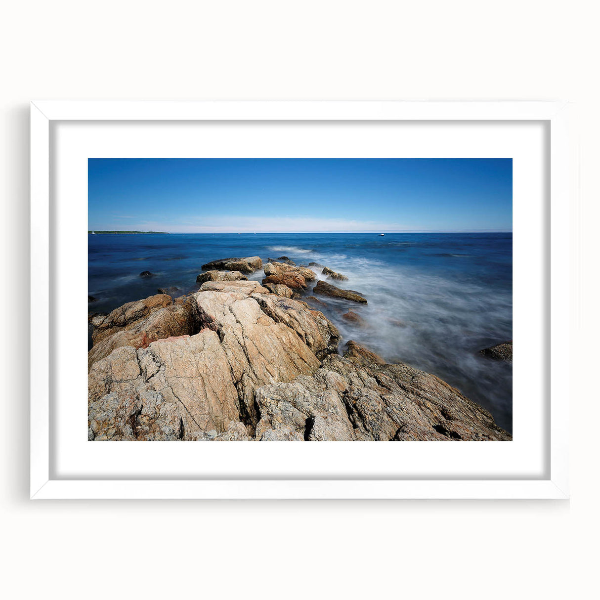 Abstract art print of New Hampshire scenery in muted green and blue tones, framed with a white mat.