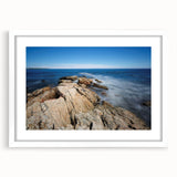 Abstract art print of New Hampshire scenery in muted green and blue tones, framed with a white mat.