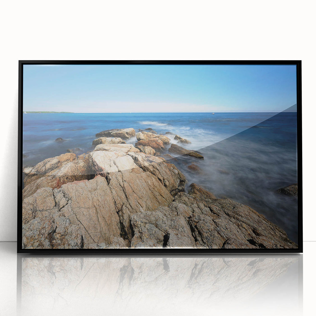 Large abstract wall art of New Hampshire scenery in mid-century modernist style, framed in black acrylic.