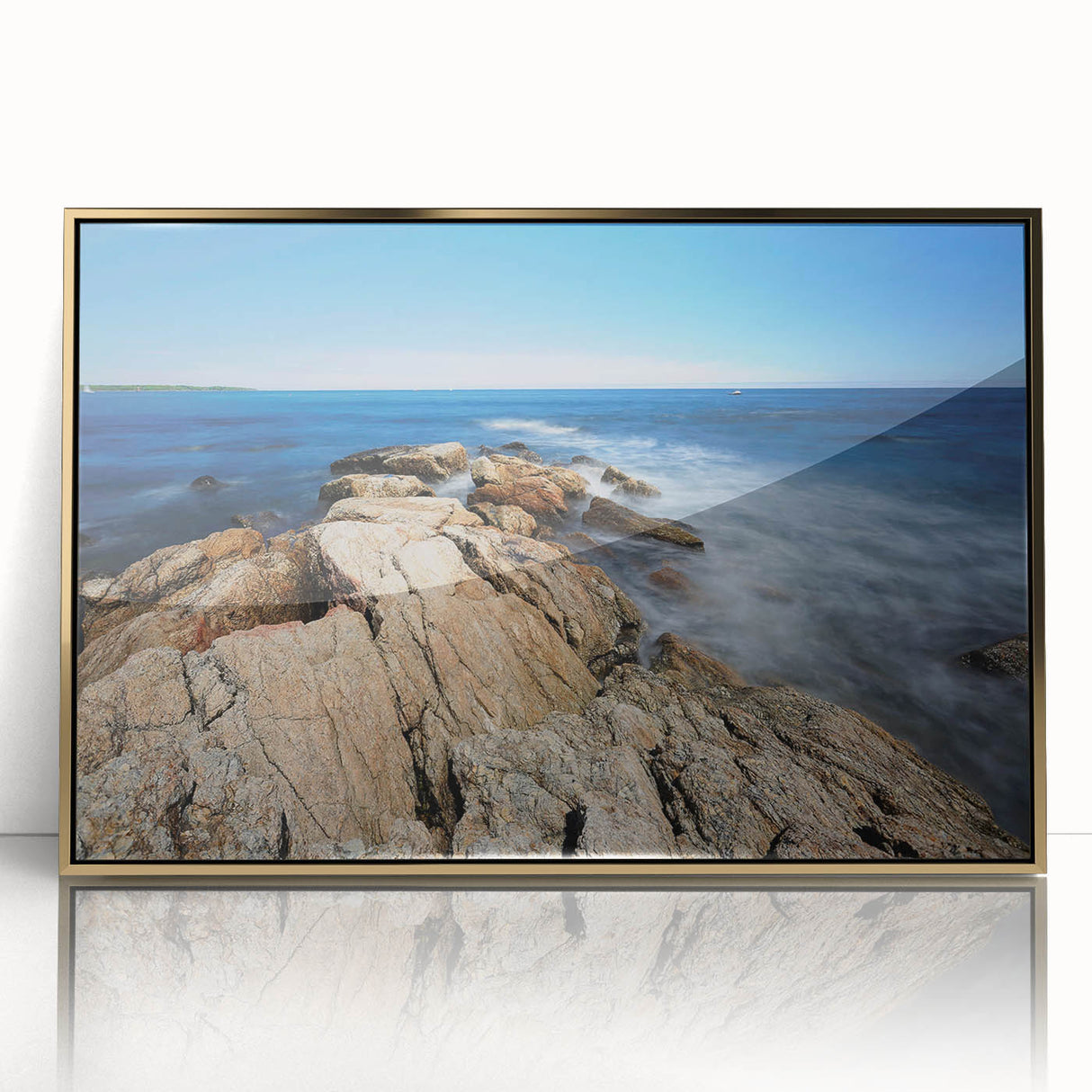 Mid-century modernist landscape of New Hampshire in muted earth tones on a framed acrylic.