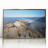 Mid-century modernist landscape of New Hampshire in muted earth tones on a framed acrylic.