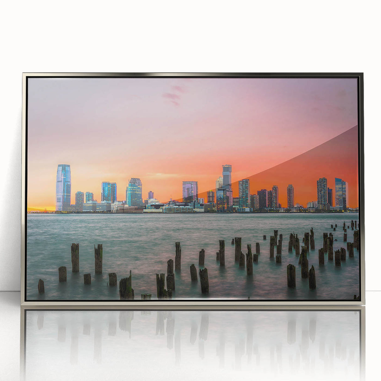 Mid-century modernist art depicting New Jersey scenery in muted colors on a framed acrylic, ideal for nursery wall art.