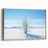 Framed canvas featuring a serene White Sands, New Mexico landscape in muted earth tones, ideal for bedroom wall art.
