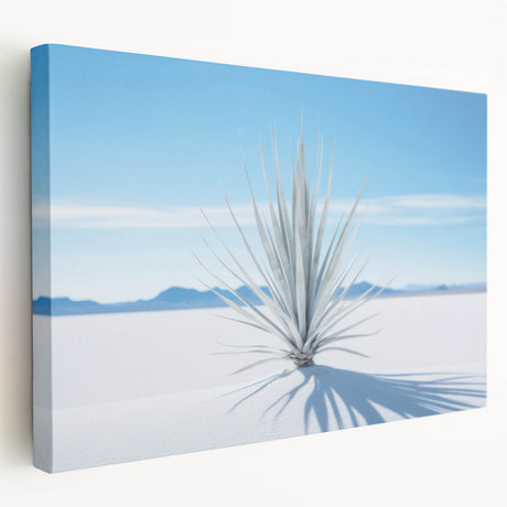 White Sands, New Mexico scenery on large stretched canvas, portraying serene dunes in muted beige and blue tones.