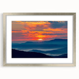 Textured art depicting abstract Blue Ridge mountains in cool blue and green hues, framed in silver, ideal for bedroom art.