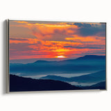 Framed canvas of a Blue Ridge landscape painting in muted greens and blues, ideal for living room decor.