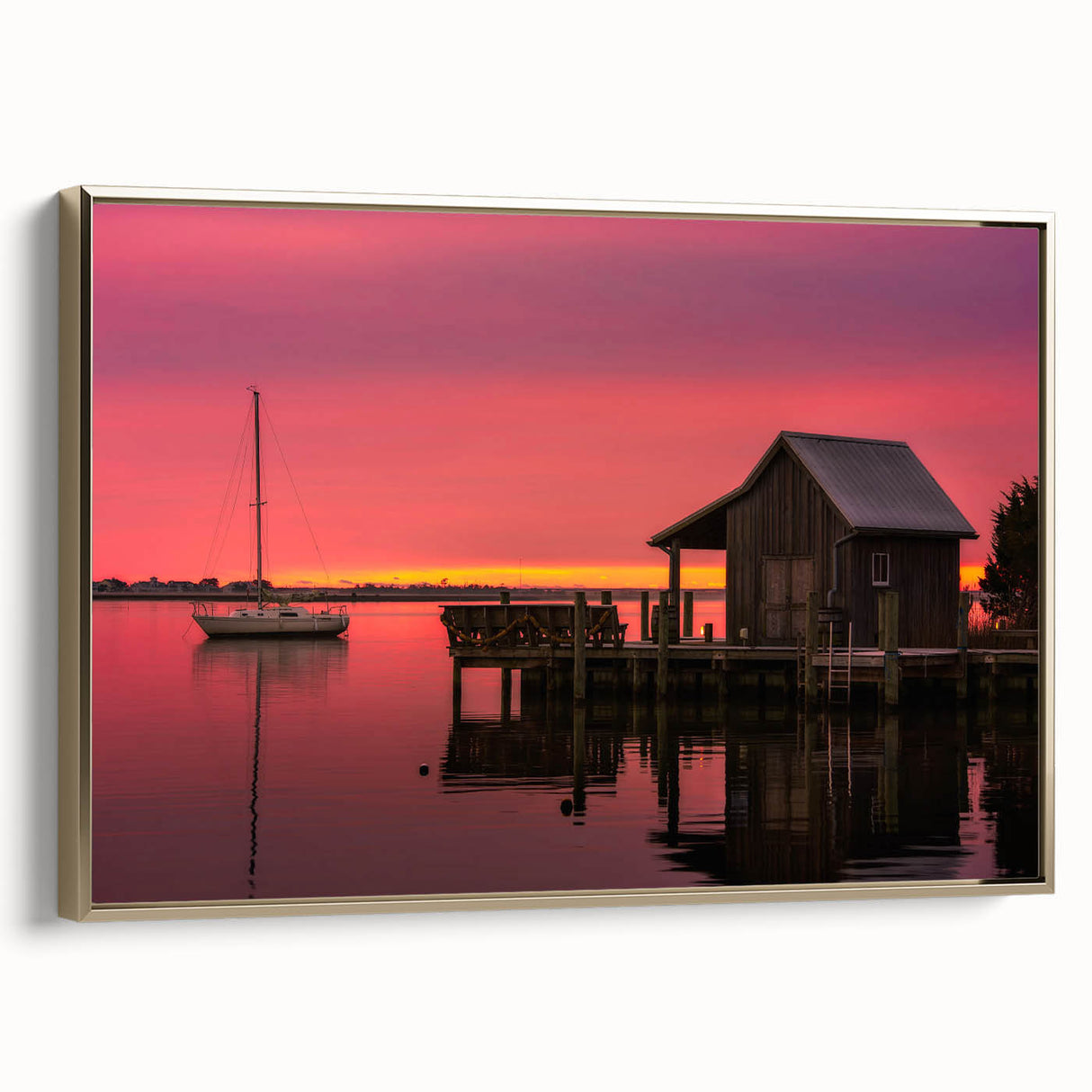 Framed canvas of a vintage-style Outer Banks landscape in black and gold tones, ideal for bedroom wall art.