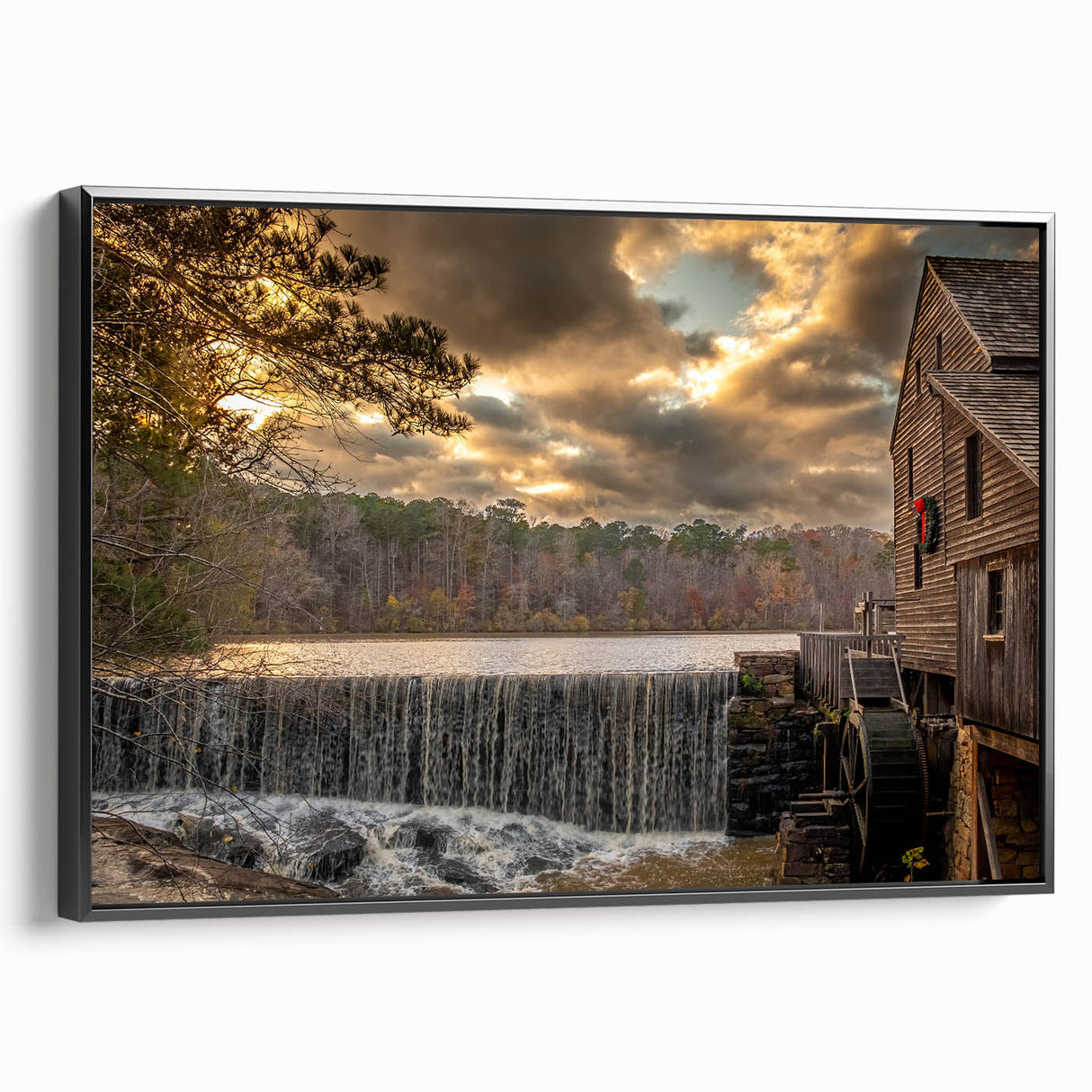 Black and white landscape art of Raleigh, North Carolina on framed canvas, ideal for bedroom decor.