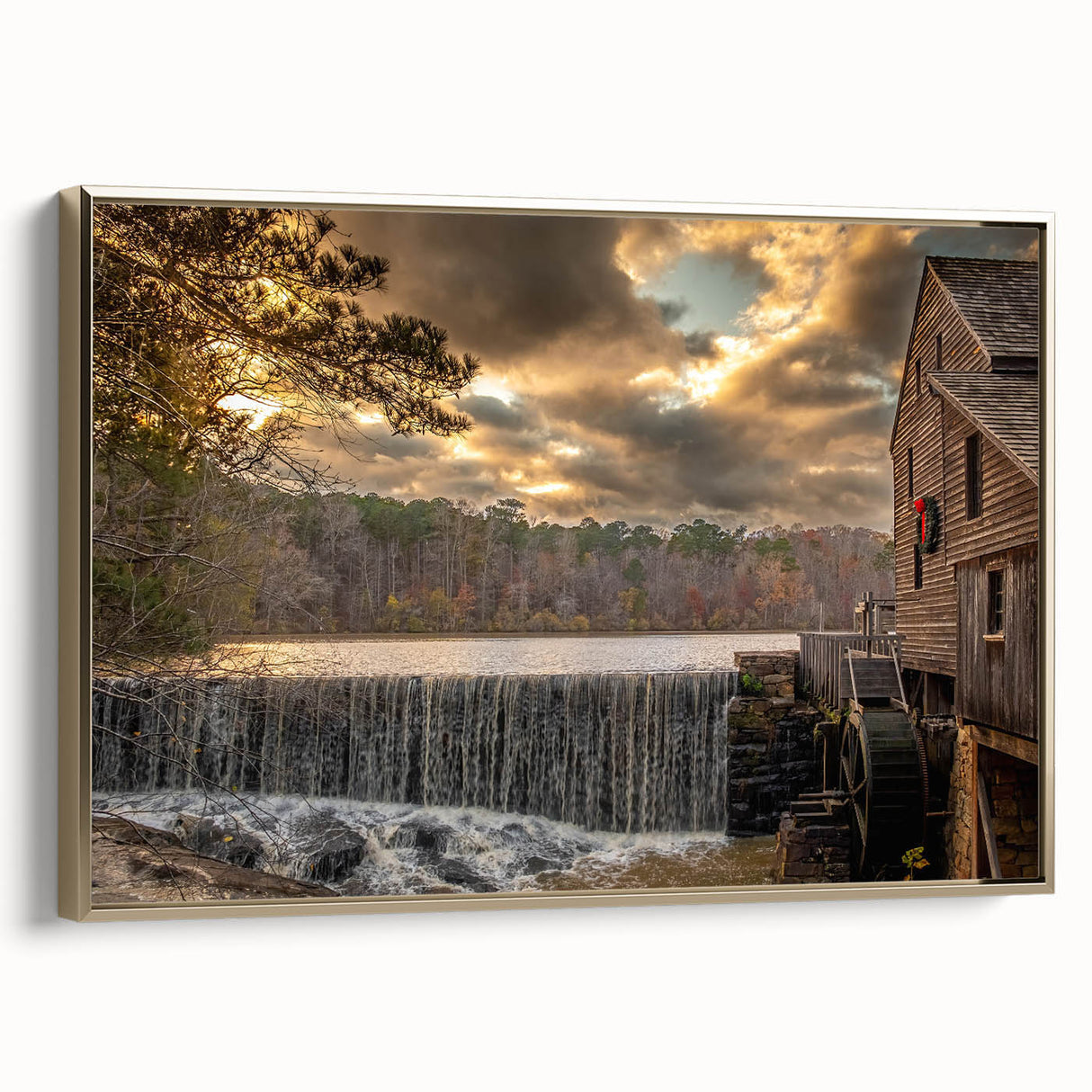 Framed canvas wall art depicting a vintage-style Raleigh, North Carolina landscape in black and gold tones.