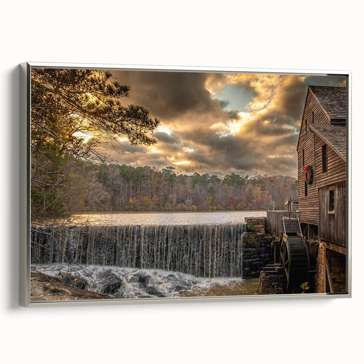 Framed canvas landscape art painting featuring the Raleigh, North Carolina skyline in muted black and silver tones.