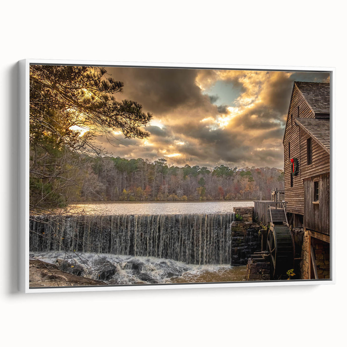 Vintage poster art of Raleigh, North Carolina, in colorful hues on a large framed canvas, ideal for living room decor.
