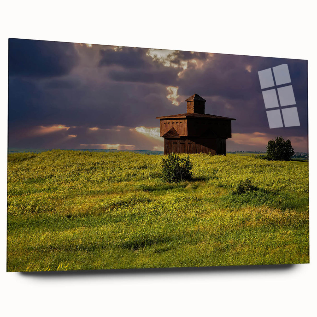 Acrylic print of a large abstract depiction of North Dakota scenery in muted earth tones.