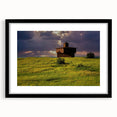 Abstract art print of North Dakota scenery in vibrant colors on a textured, extra large canvas, framed in black.
