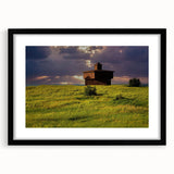 Abstract art print of North Dakota scenery in vibrant colors on a textured, extra large canvas, framed in black.