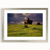 Textured abstract art print of North Dakota scenery in muted earth tones, framed in silver, ideal for bedroom art.
