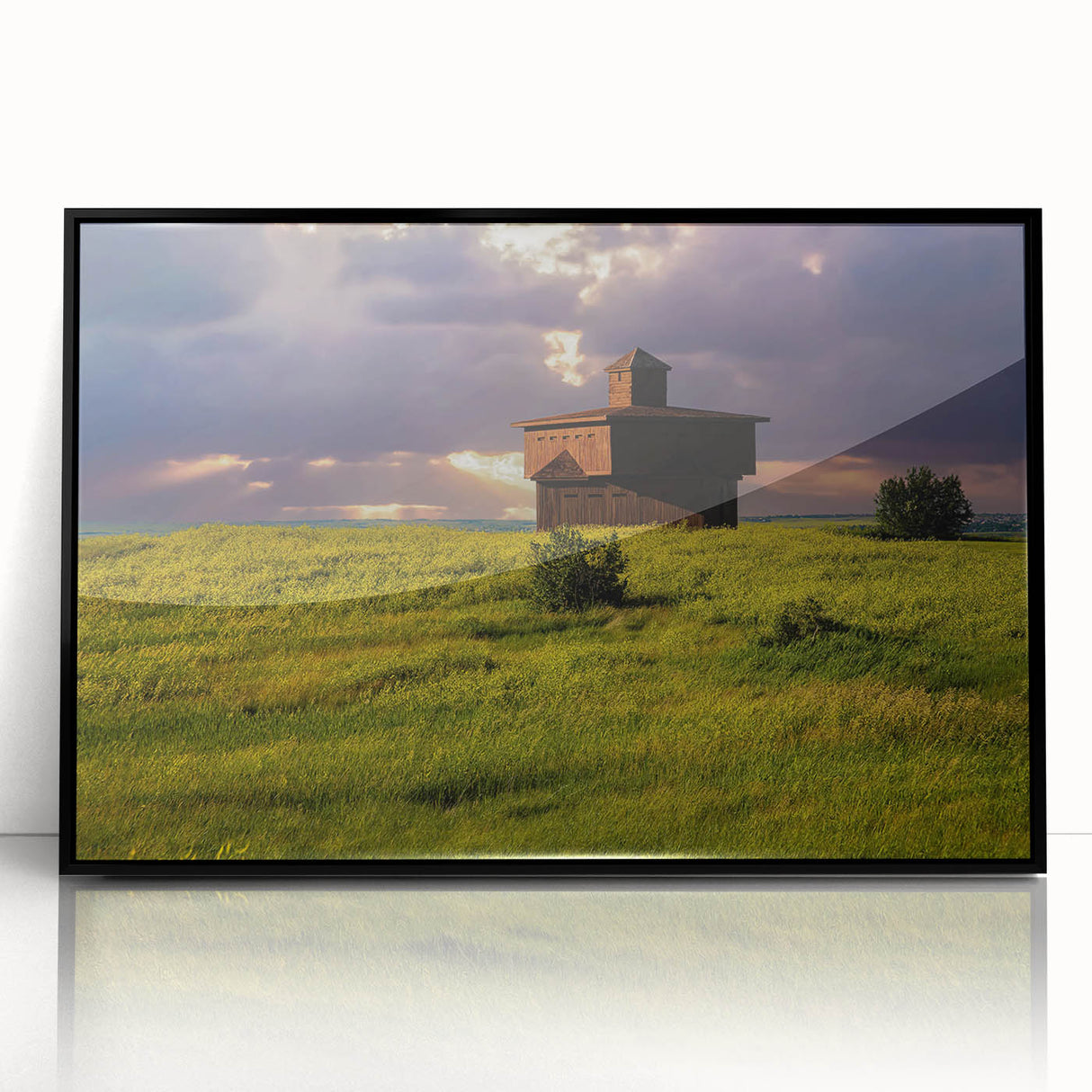 Large abstract wall art depicting North Dakota scenery in muted earth tones on a framed acrylic print.