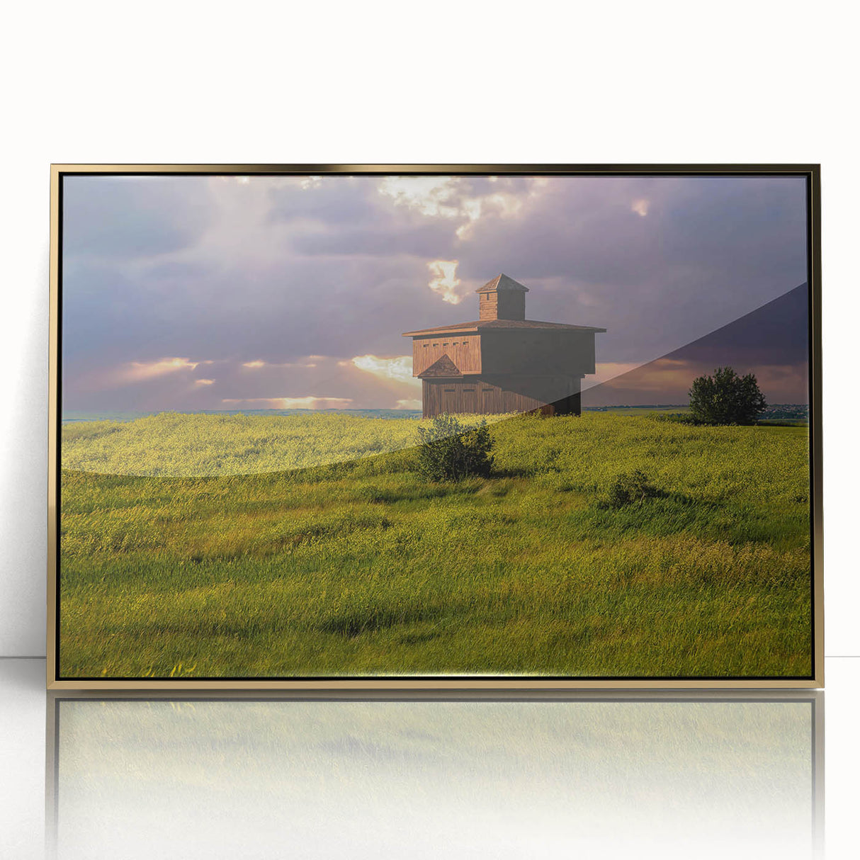 Large art print of North Dakota scenery in mid-century modernist style, acrylic framed in gold.