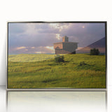 Mid-century modernist art depicting North Dakota scenery in muted earth tones on a framed acrylic piece.