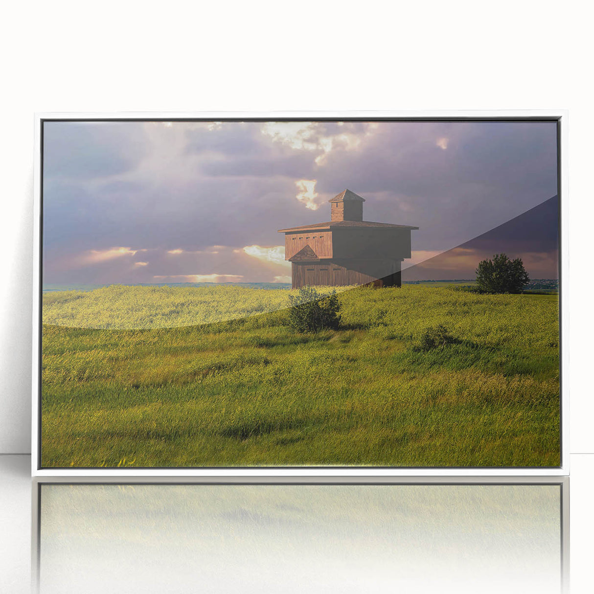 Acrylic print of North Dakota scenery in art deco style, framed in white, suitable for modern nursery decor.