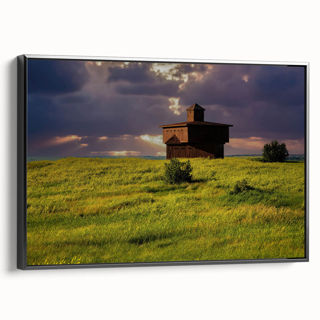 Black and white framed canvas of a North Dakota landscape, ideal for bedroom wall decor.