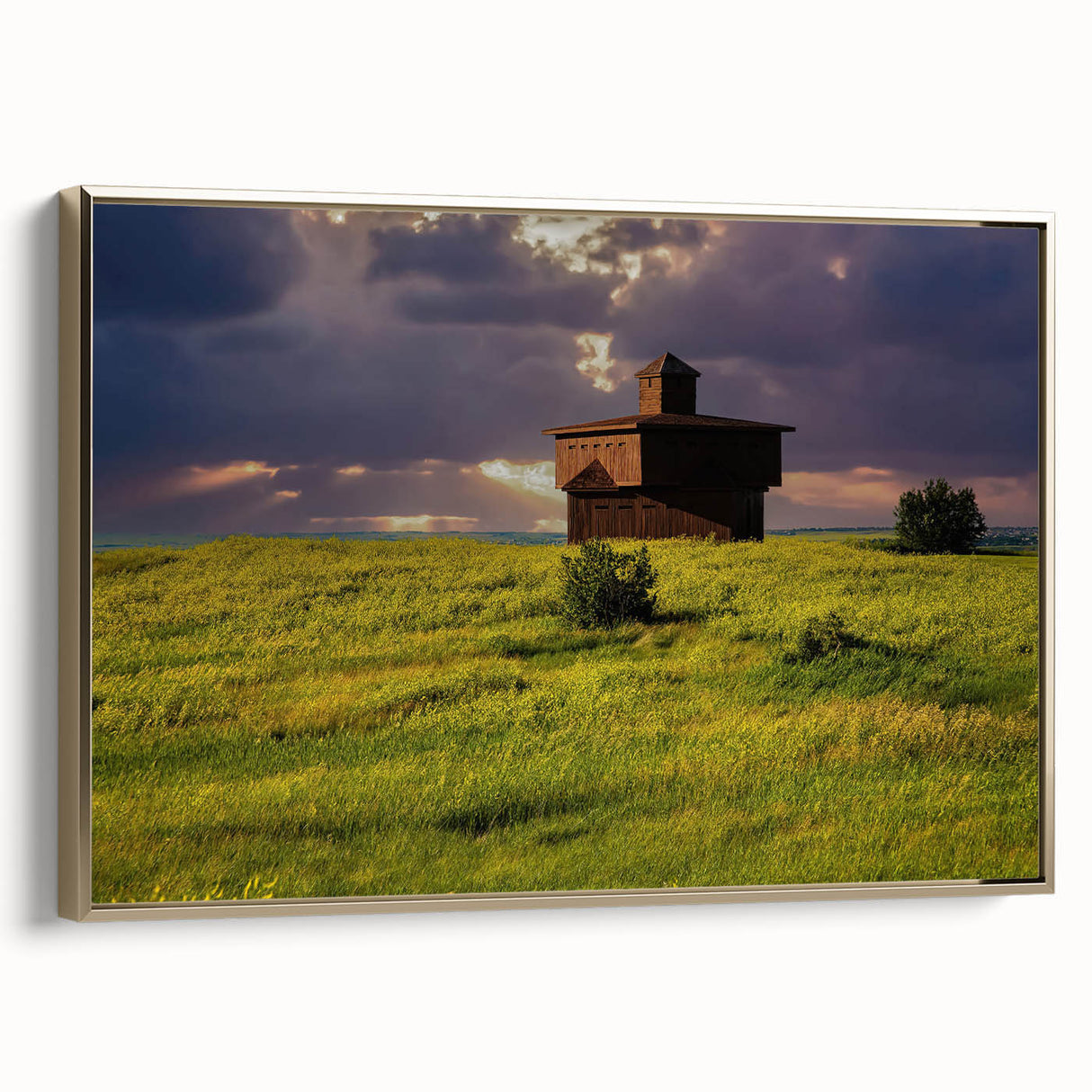 Framed canvas featuring a vintage-style North Dakota landscape in black and gold tones, ideal for bedroom wall art.