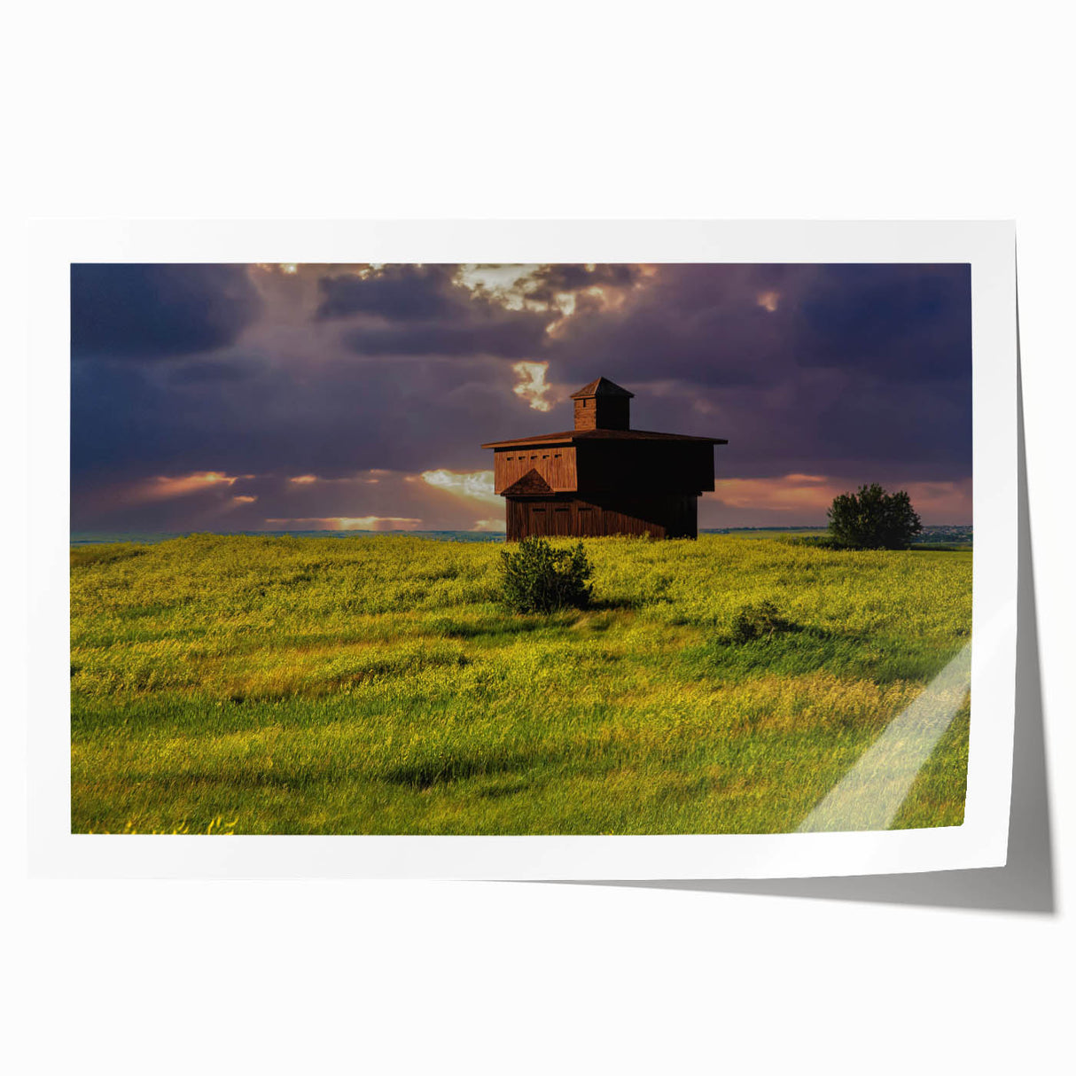 Large rolled print featuring a serene North Dakota landscape with soft floral elements in muted greens and blues.