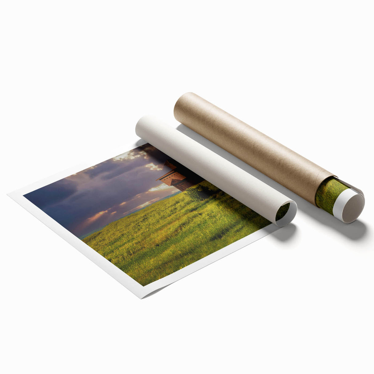 Scenic North Dakota landscape on rolled canvas, featuring muted green and blue tones, ideal for classy bathroom wall decor.