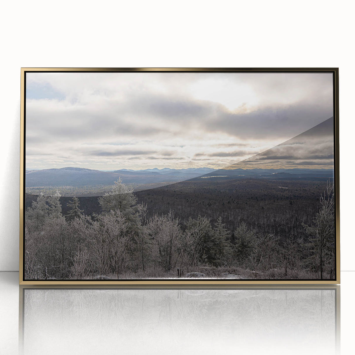 Framed acrylic print of Adirondacks scenery in muted earth tones, ideal for modern art wall decor.