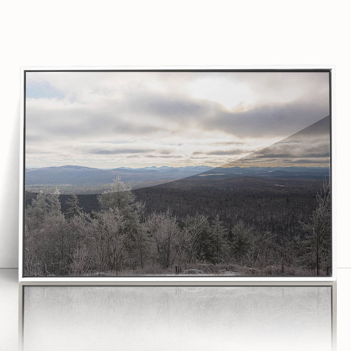 Art deco poster of Adirondacks scenery in a white acrylic frame, muted earth tones, ideal for modern art wall decor.