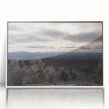 Art deco poster of Adirondacks scenery in a white acrylic frame, muted earth tones, ideal for modern art wall decor.