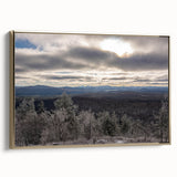 Framed canvas depicting a vintage-style Adirondacks landscape in muted earth tones, ideal for bedroom wall art.