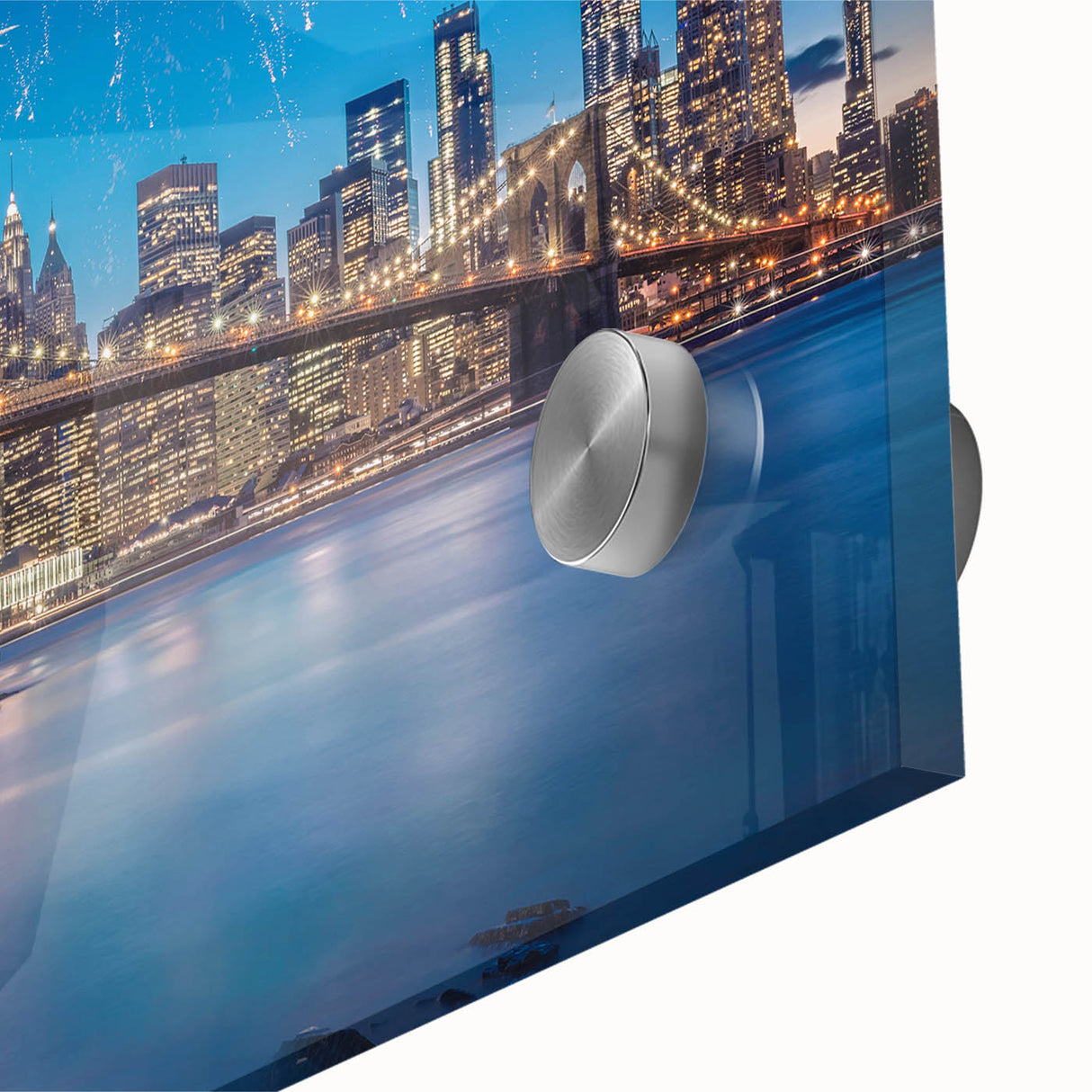 Acrylic print of Brooklyn Bridge in muted grays and blues, large abstract style, ideal for dining room art.