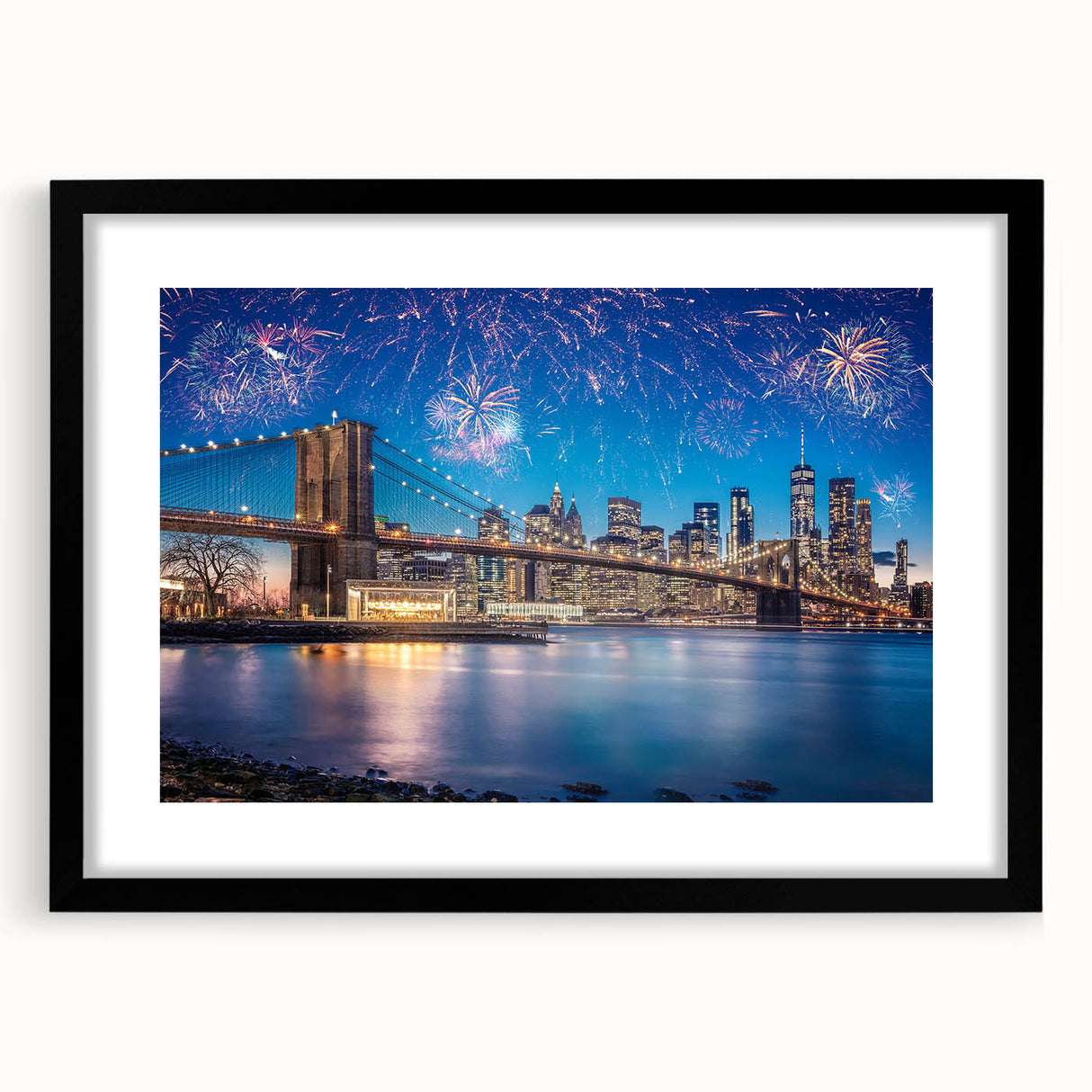Extra large abstract art print of Brooklyn Bridge in vibrant colors on textured canvas, ideal for living room decor.