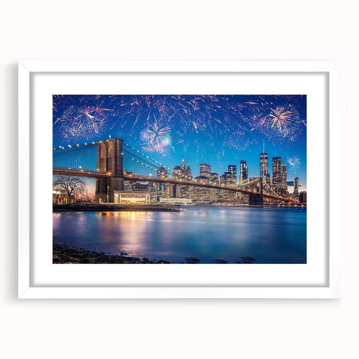 Abstract art print of the Brooklyn Bridge in muted gray and blue tones, framed in white, ideal for dining room decor.