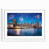 Abstract art print of the Brooklyn Bridge in muted gray and blue tones, framed in white, ideal for dining room decor.