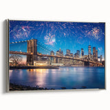 Landscape art painting of the Brooklyn Bridge in muted black and colorful accents on a framed canvas.