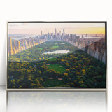 Mid-century modernist art depicting Central Park in muted green and brown tones, presented in a silver-framed acrylic print.