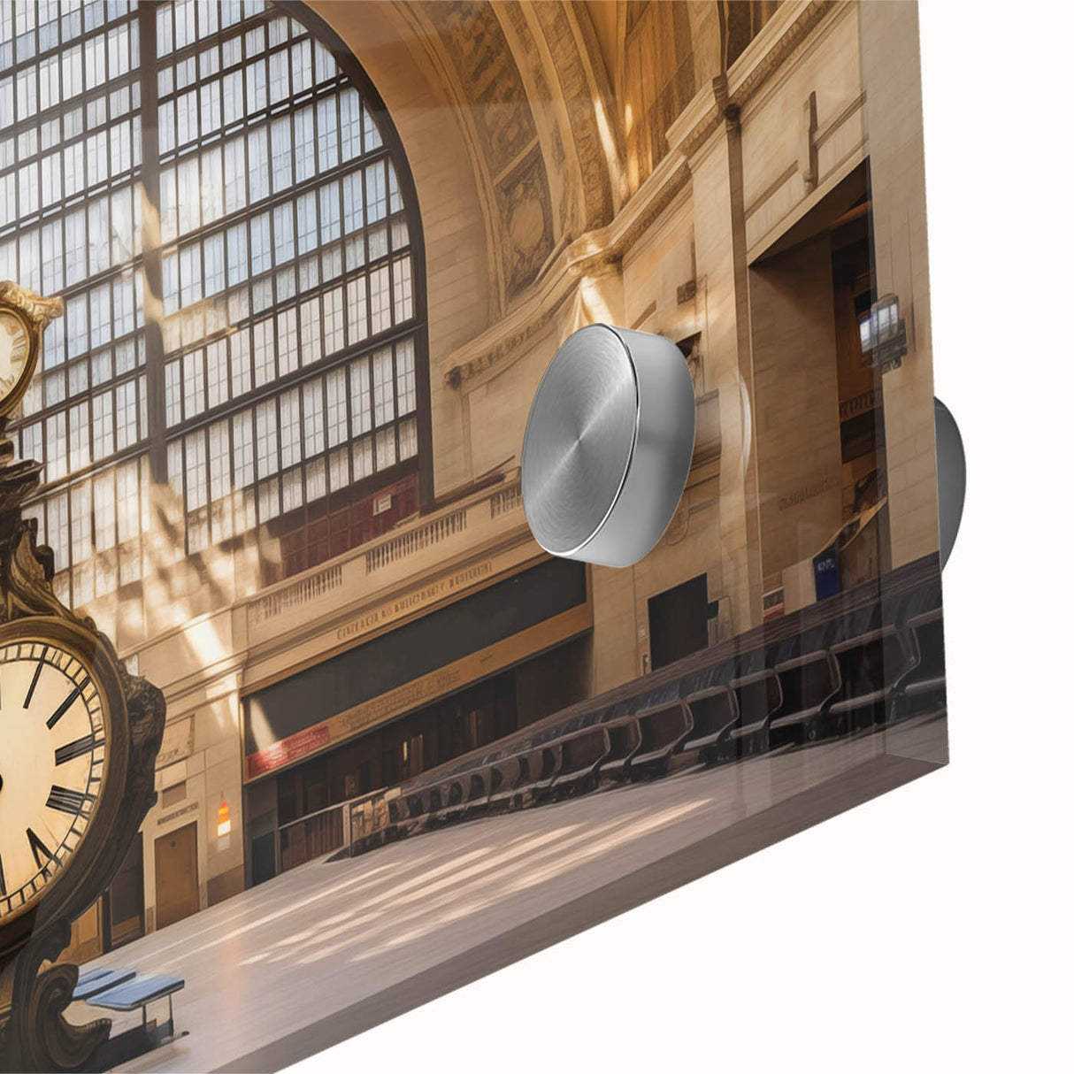 Large abstract wall art depicting New York City's Grand Central in muted gray tones on acrylic glass.