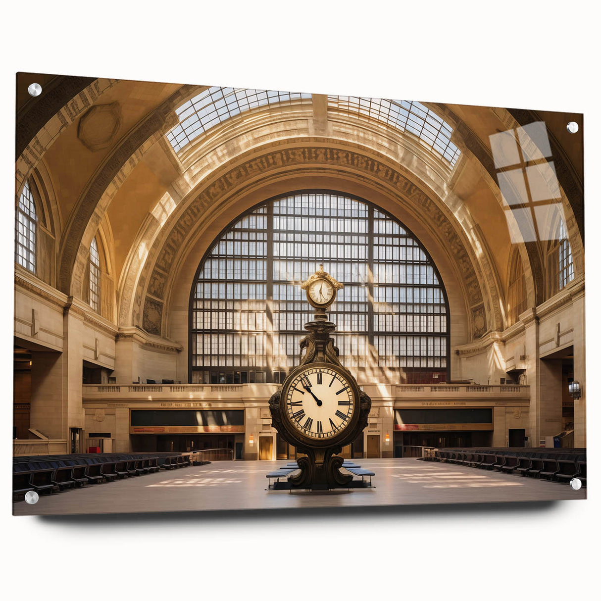 Acrylic print of New York's Grand Central in muted gray tones, ideal for bedroom or dining room decor.