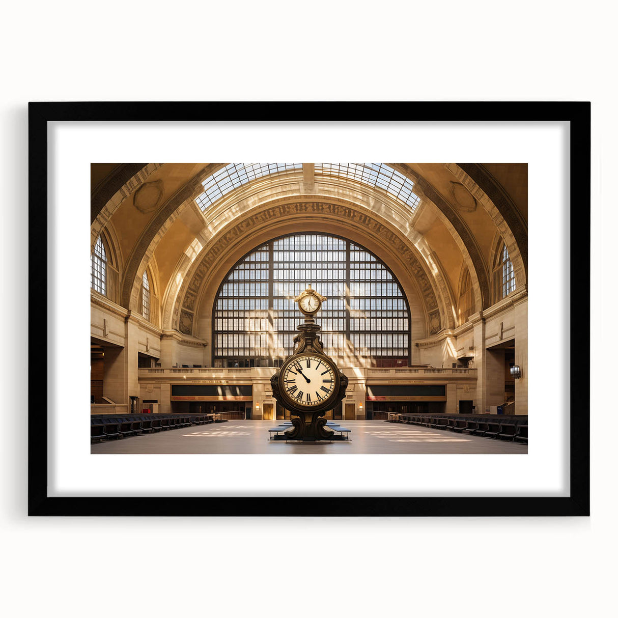 Abstract art print of NYC's Grand Central in vibrant colors on a large textured canvas, ideal for living room decor.
