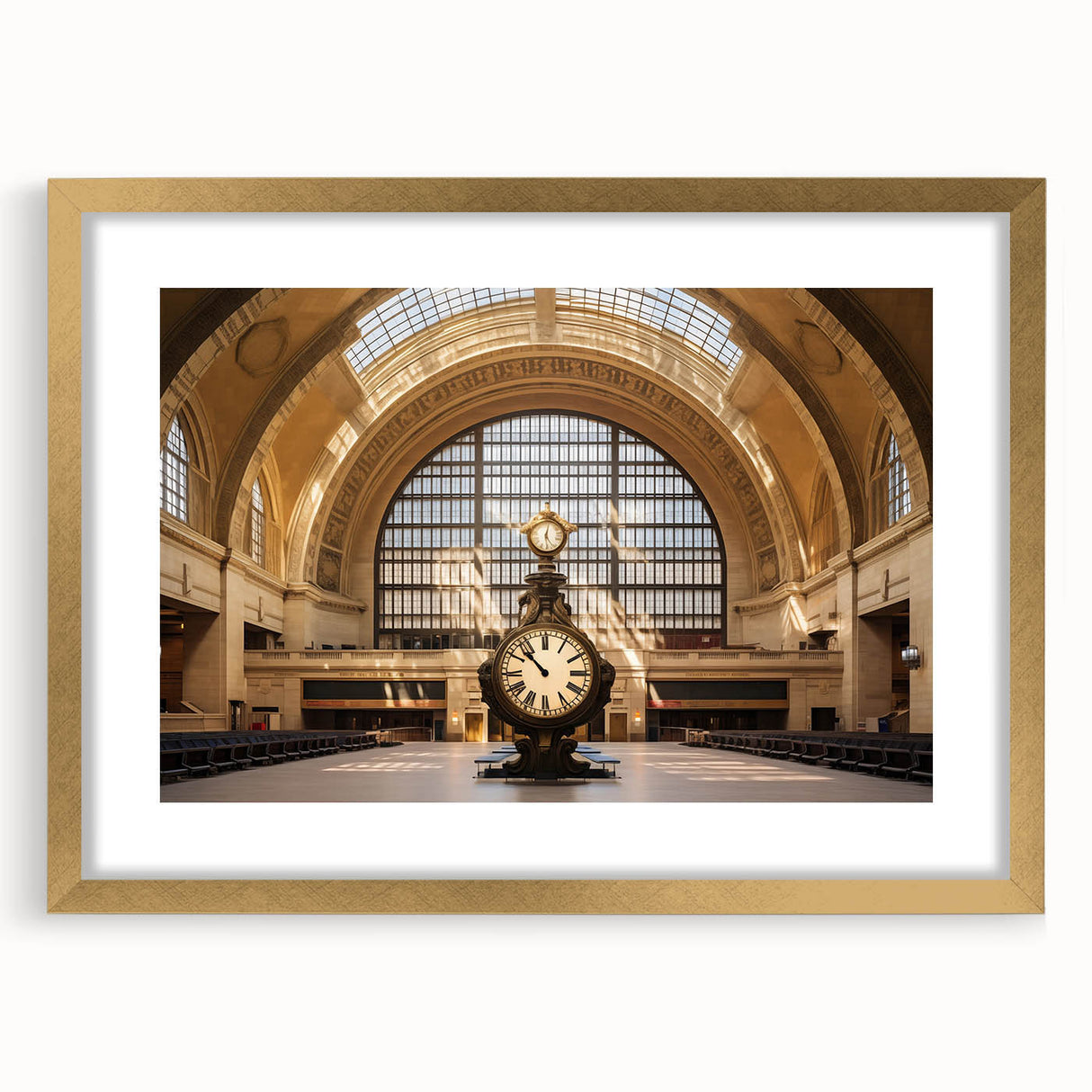 Extra large wall art featuring an abstract print of NYC's Grand Central in textured hues of gray and gold.