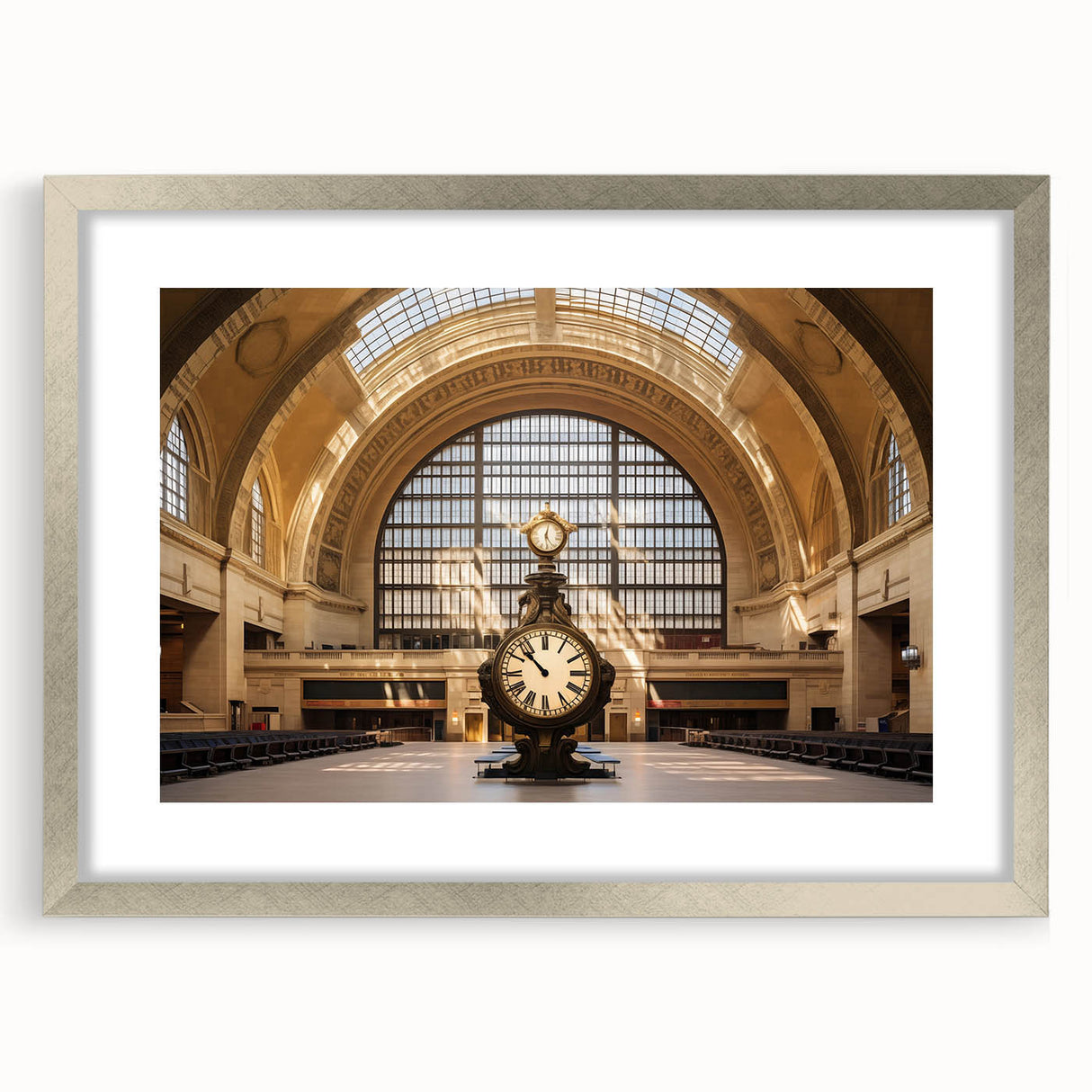 Textured art print of abstract New York City skyline in muted silver and gray tones on a framed canvas.