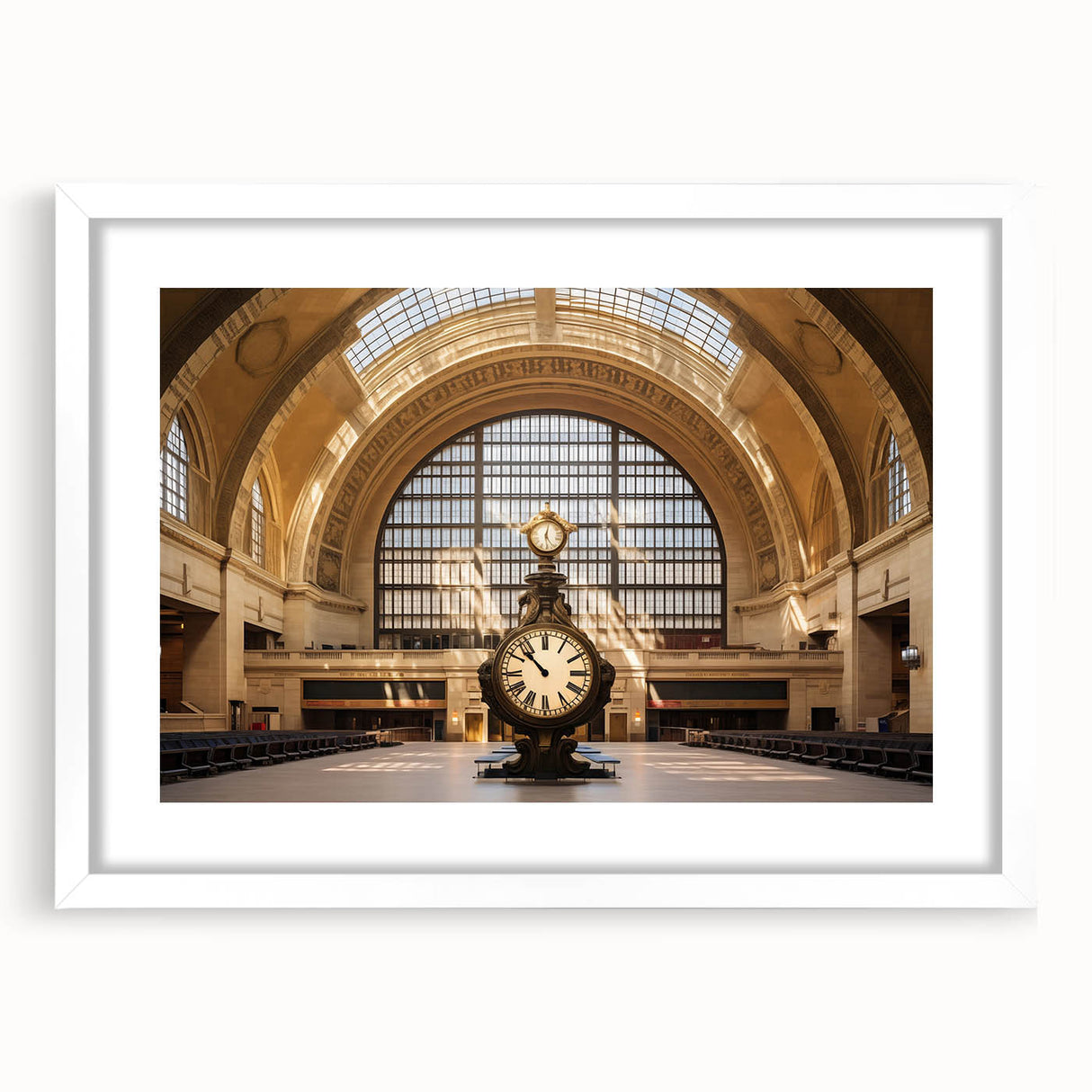 Abstract art print of New York City's Grand Central, in muted gray and blue tones on a framed white mat.