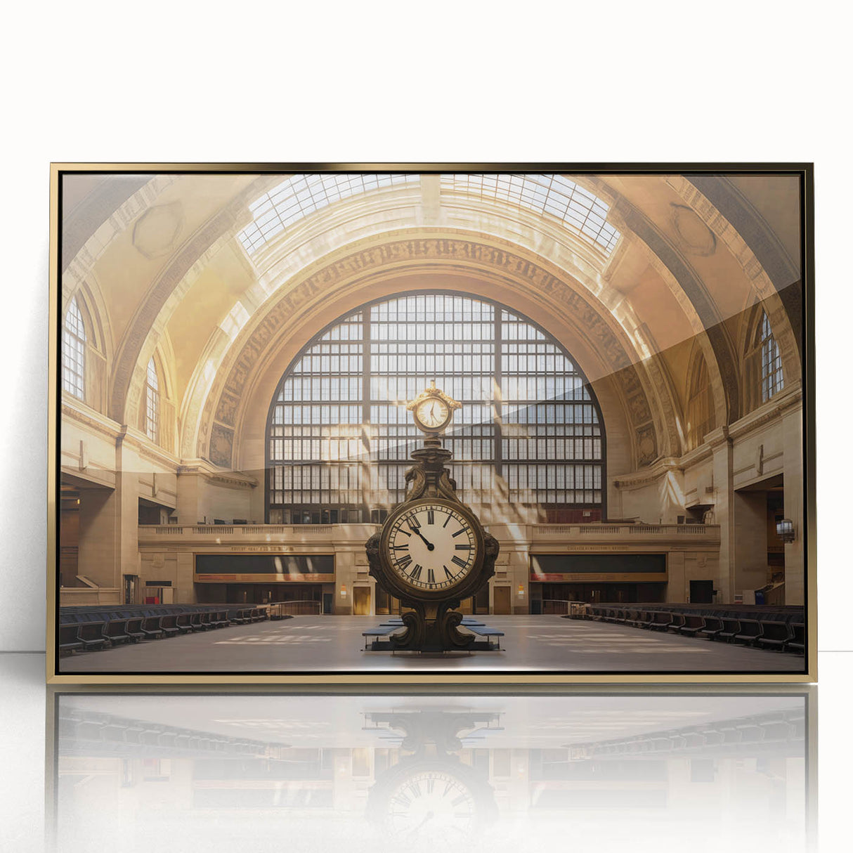 Large art print of New York City's Grand Central Station in mid-century modernist style, framed in gold acrylic.