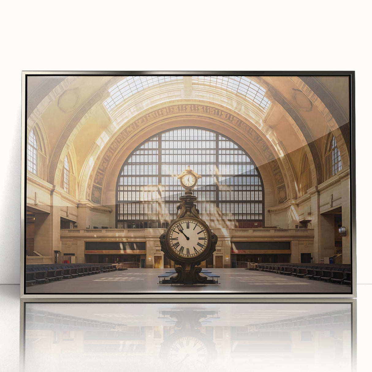 Mid-century modernist art depicting New York City's Grand Central Station in muted gray tones, framed in silver acrylic.