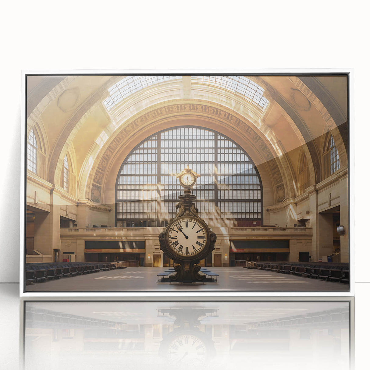 Art Deco poster of Grand Central Station in monochrome tones, framed acrylic, ideal for modern art wall decor.