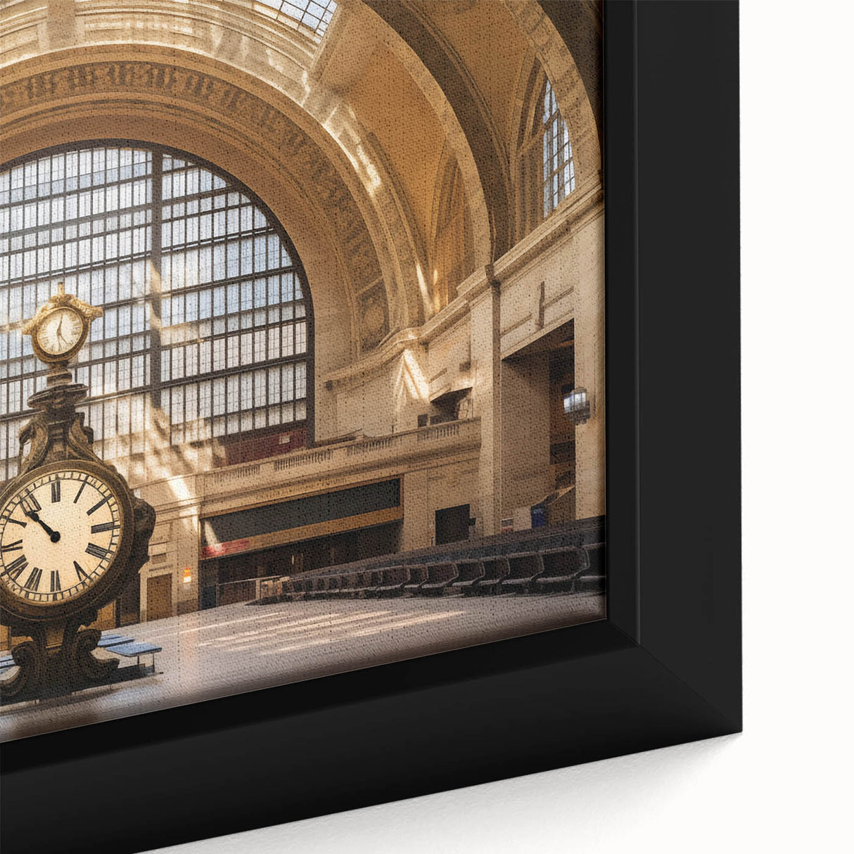 Black wall art featuring a close-up, textured depiction of NYC's Grand Central, in vibrant colors on a framed canvas.